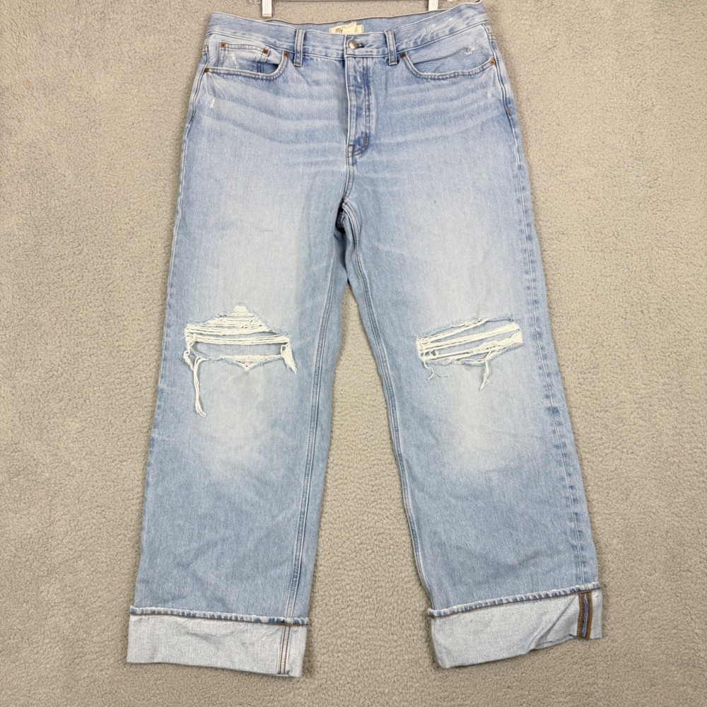 Madewell Wide Leg Jeans Light Wash Distressed Button Fly Women 32 Distressed